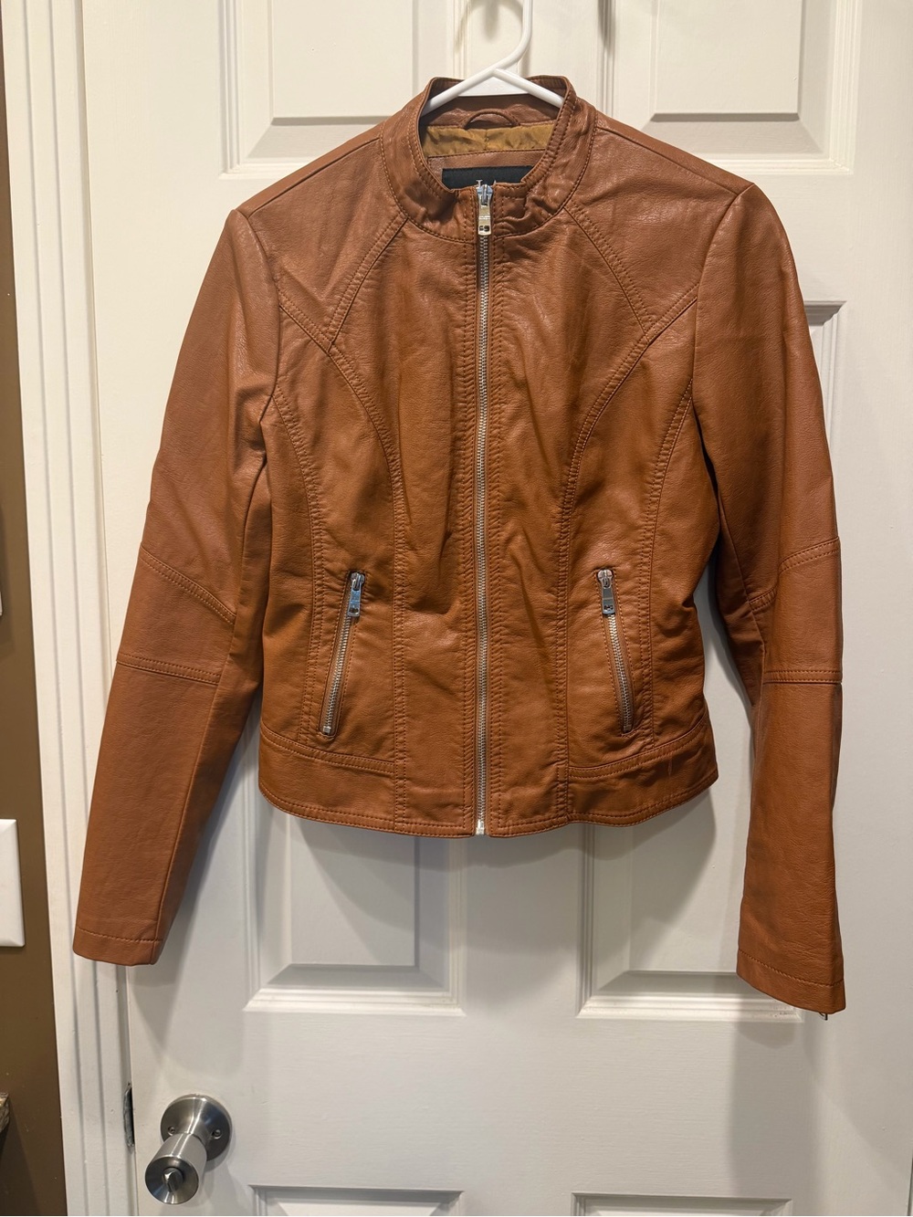LA Coalition Women's Faux Leather Zip Front Jacket - Cognac Brown Size S